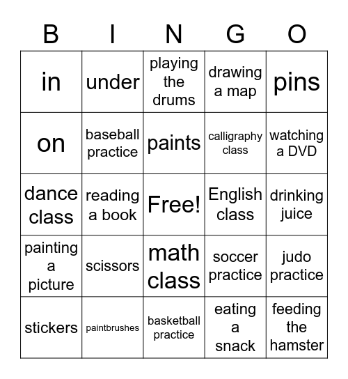 After school Bingo Card