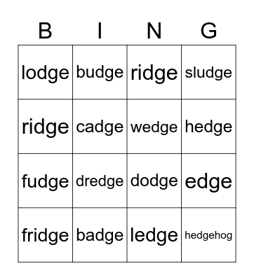 Phonics DGE Words Bingo Card