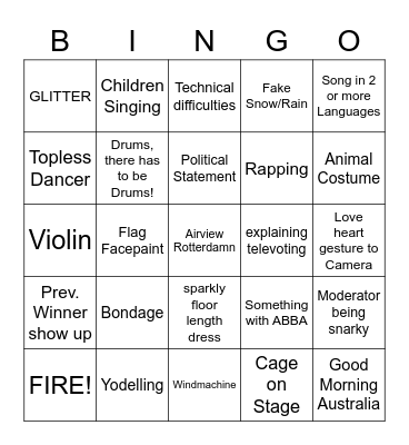 Eurovision Rotterdam 2021 Bingo Card