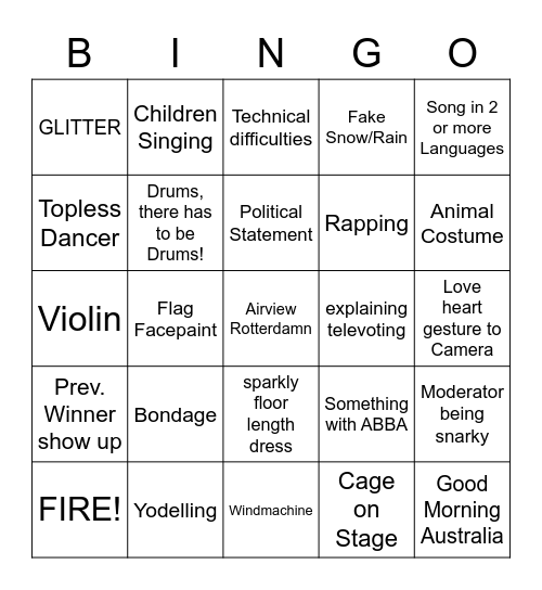 Eurovision Rotterdam 2021 Bingo Card