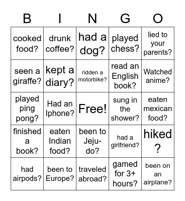 Have you ever............ Bingo Card