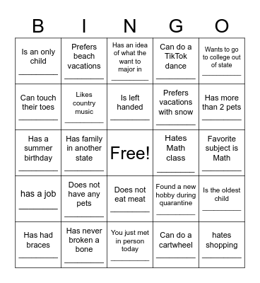 Meet someone who... Bingo Card