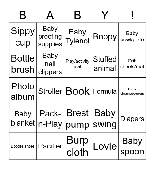 Victoria's Baby Shower Gifts Bingo Card
