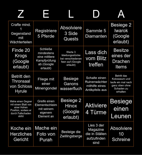 Zelda Bingo of the Wild Bingo Card