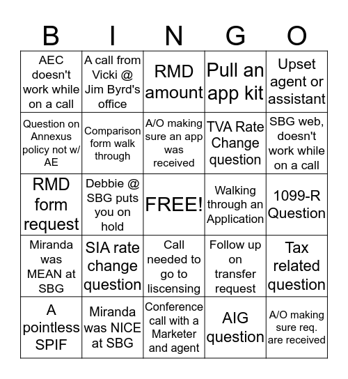 Phone Rep Bingo Card