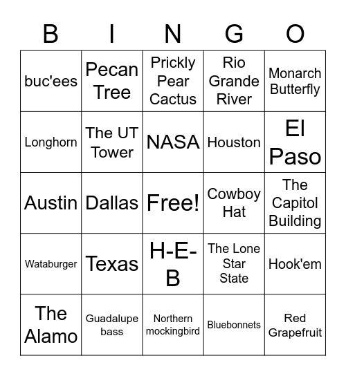 Texas Symbols Bingo Card