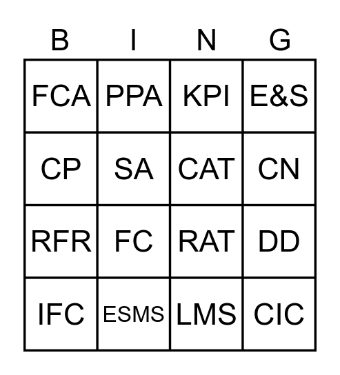 Camco Acronyms Bingo Card