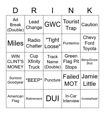 NASCAR Bingo Card