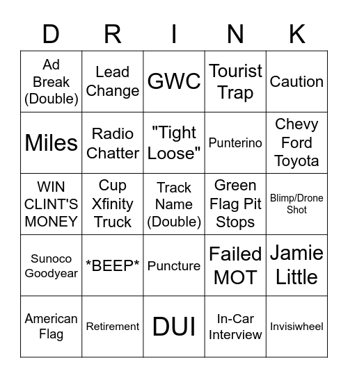 NASCAR Bingo Card