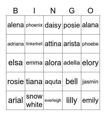 girl names Bingo Card