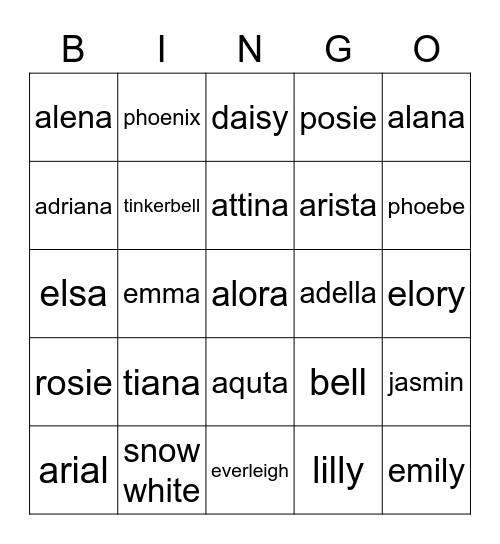 girl names Bingo Card