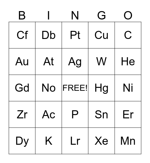 Element Bingo Card