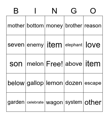 Schwa Bingo with 'e' and 'o' Bingo Card