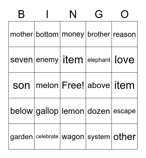 Schwa Bingo with 'e' and 'o' Bingo Card