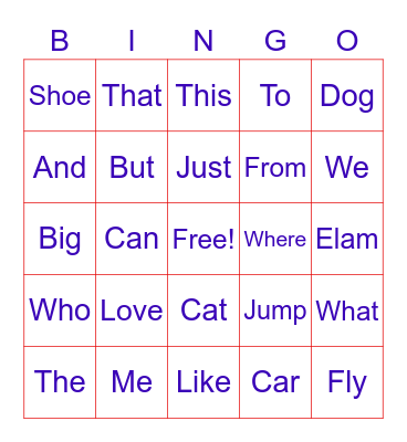 Elam Trick Words Bingo Card