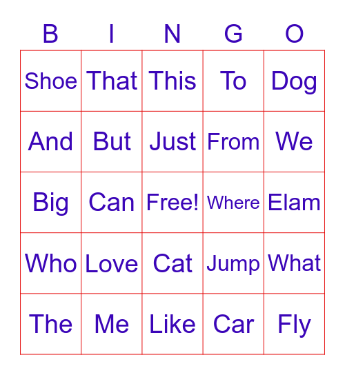 Elam Trick Words Bingo Card