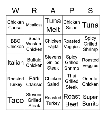 Mr. Wraps Bingo Card