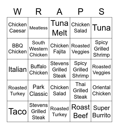 Mr. Wraps Bingo Card