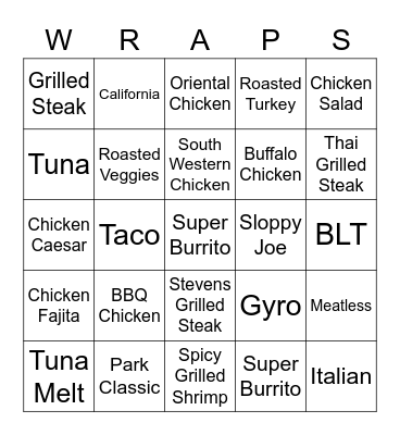 Mr. Wraps Bingo Card