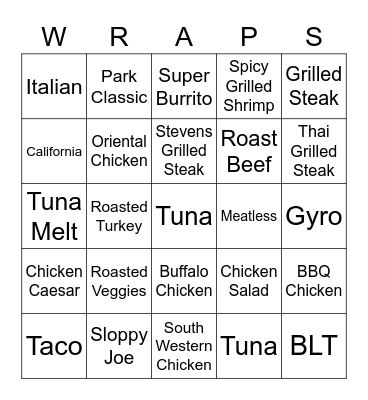 Mr. Wraps Bingo Card