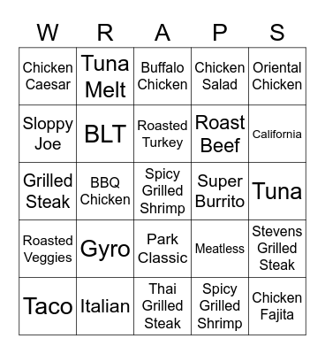 Mr. Wraps Bingo Card