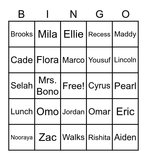 Mrs. Bono's 2nd Grade Class 2020-21 Bingo Card