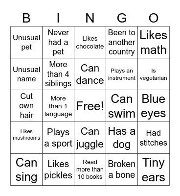 Getting to know you! Bingo Card