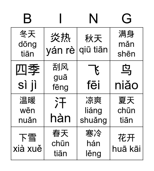 Seasons G4 Pinyin Bingo Card