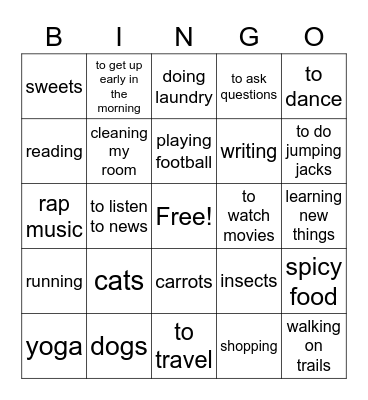 Like / don't like Bingo Card