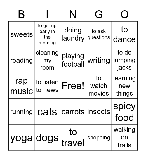 Like / don't like Bingo Card