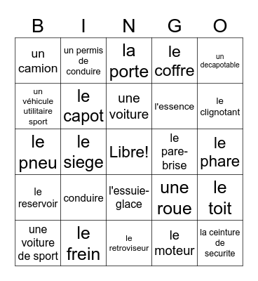 La voiture!!! Bingo Card