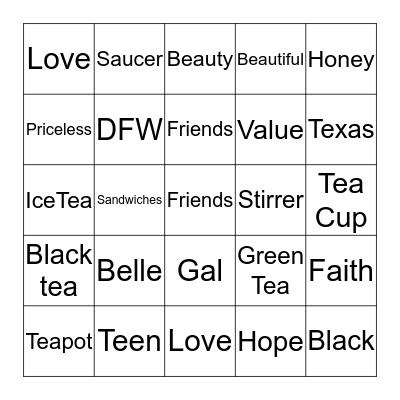 Southern Belle Teen Girl Tea Party Bingo Card