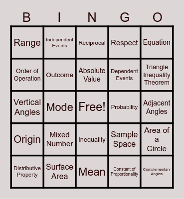 7th Math Terms Bingo Card