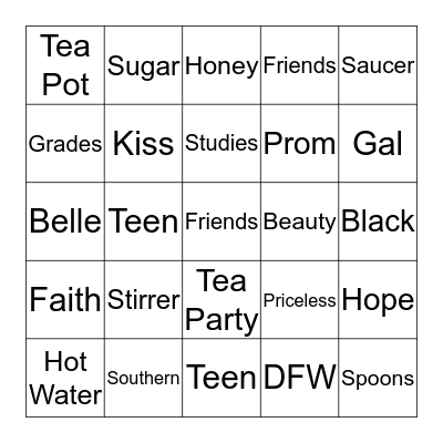 Southern Belle Teen Girl Tea Party Bingo Card