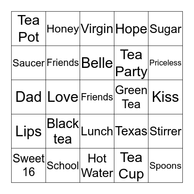 Southern Belle Teen Girl Tea Party Bingo Card