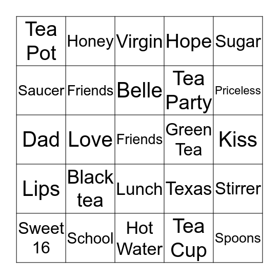 Southern Belle Teen Girl Tea Party Bingo Card