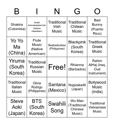 Cultural Music Bingo Card