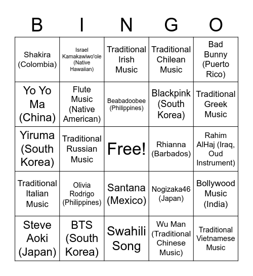 Cultural Music Bingo Card
