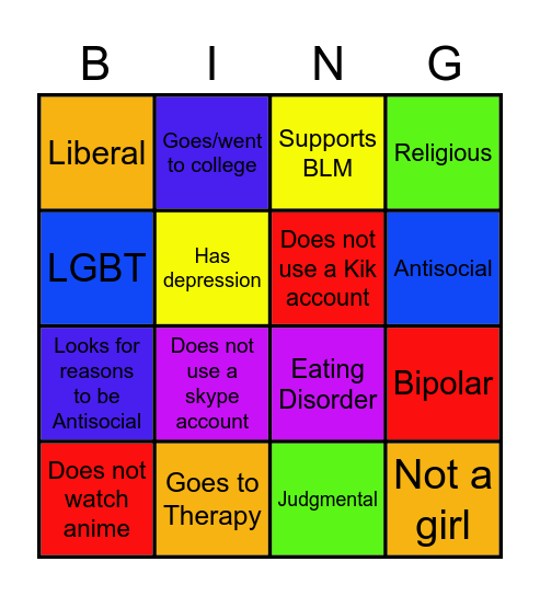 Incel Bingo Card