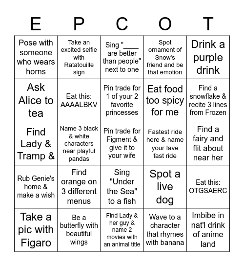 Epcot scavenger hunt 2 Bingo Card