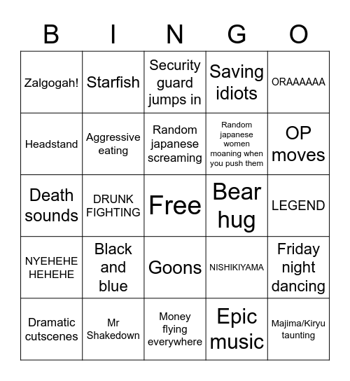 Yakuza Bingo Card