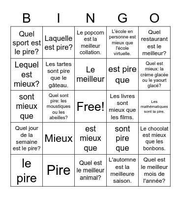 Mieux ou pire Bingo Card