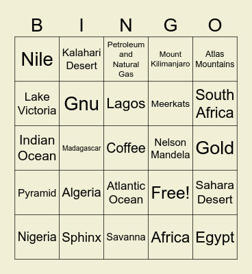 Africa Bingo Card