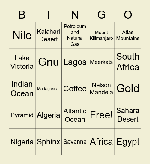 Africa Bingo Card