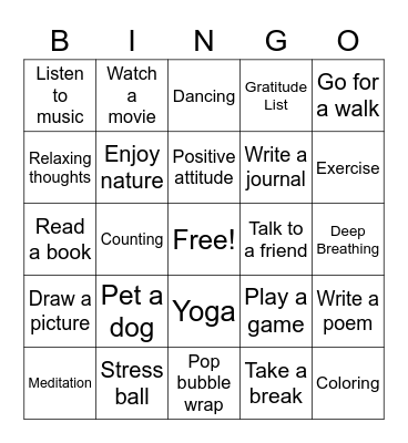 Coping Skills Bingo Card