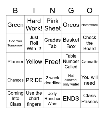 Mrs. Moss' Class Procedures Bingo Card