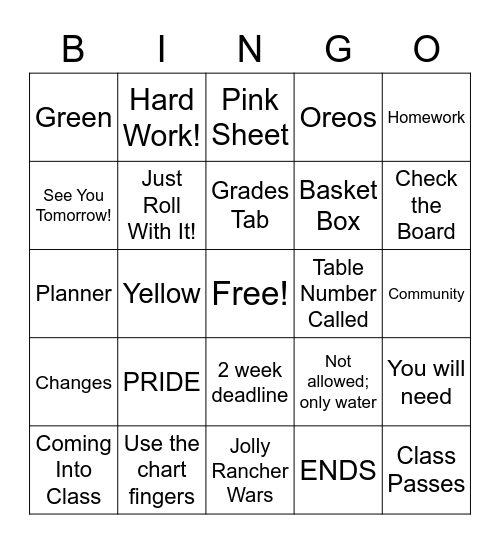 Mrs. Moss' Class Procedures Bingo Card