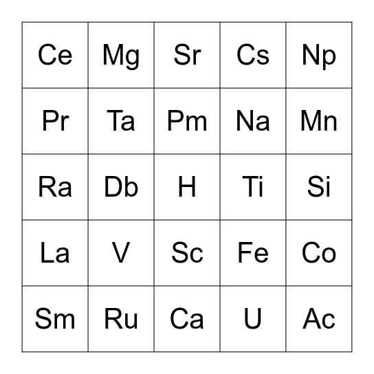 Element Card Bingo Card