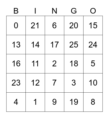 Number Bingo Card