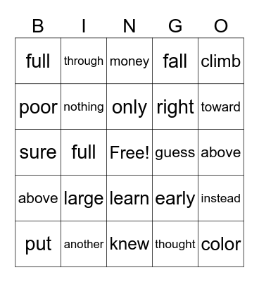 High-Frequency Words Unit 5 Bingo Card